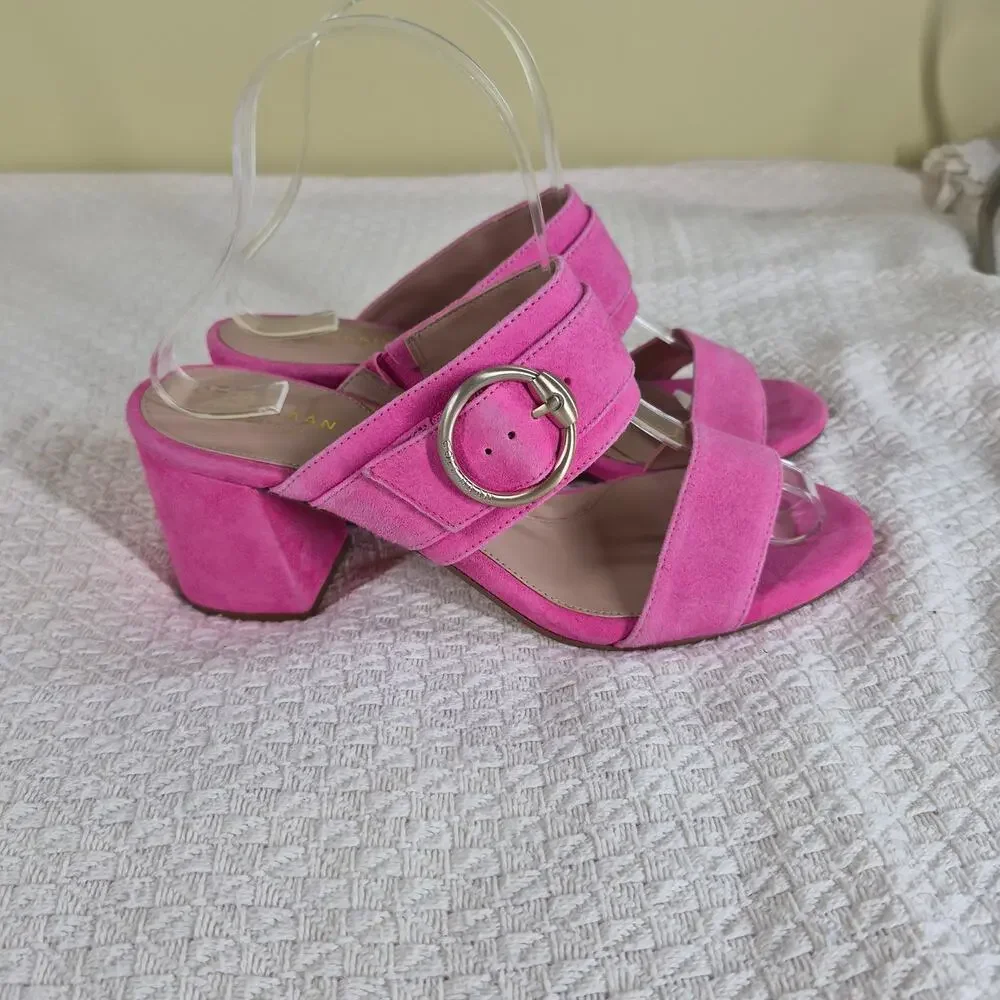 Cole Haan Alina City Mule Fuchsia Pink Suede Block Heel Sandal Slides 7.5B